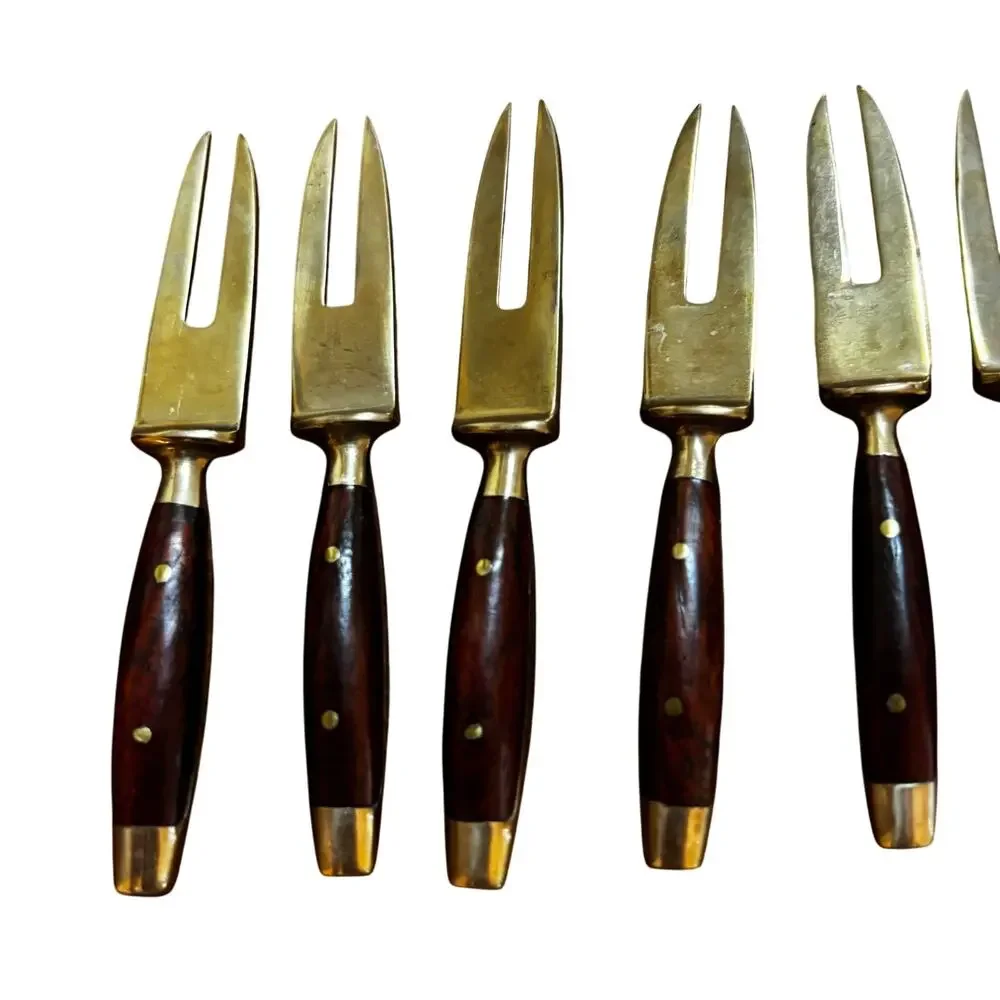 Vintage mid century cocktail forks teak wood & brass set of 8 tiki party supply